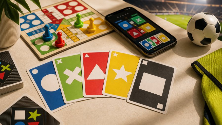 WHOT-style symbol cards, ludo-like tokens, a mobile phone, and football energy shown together